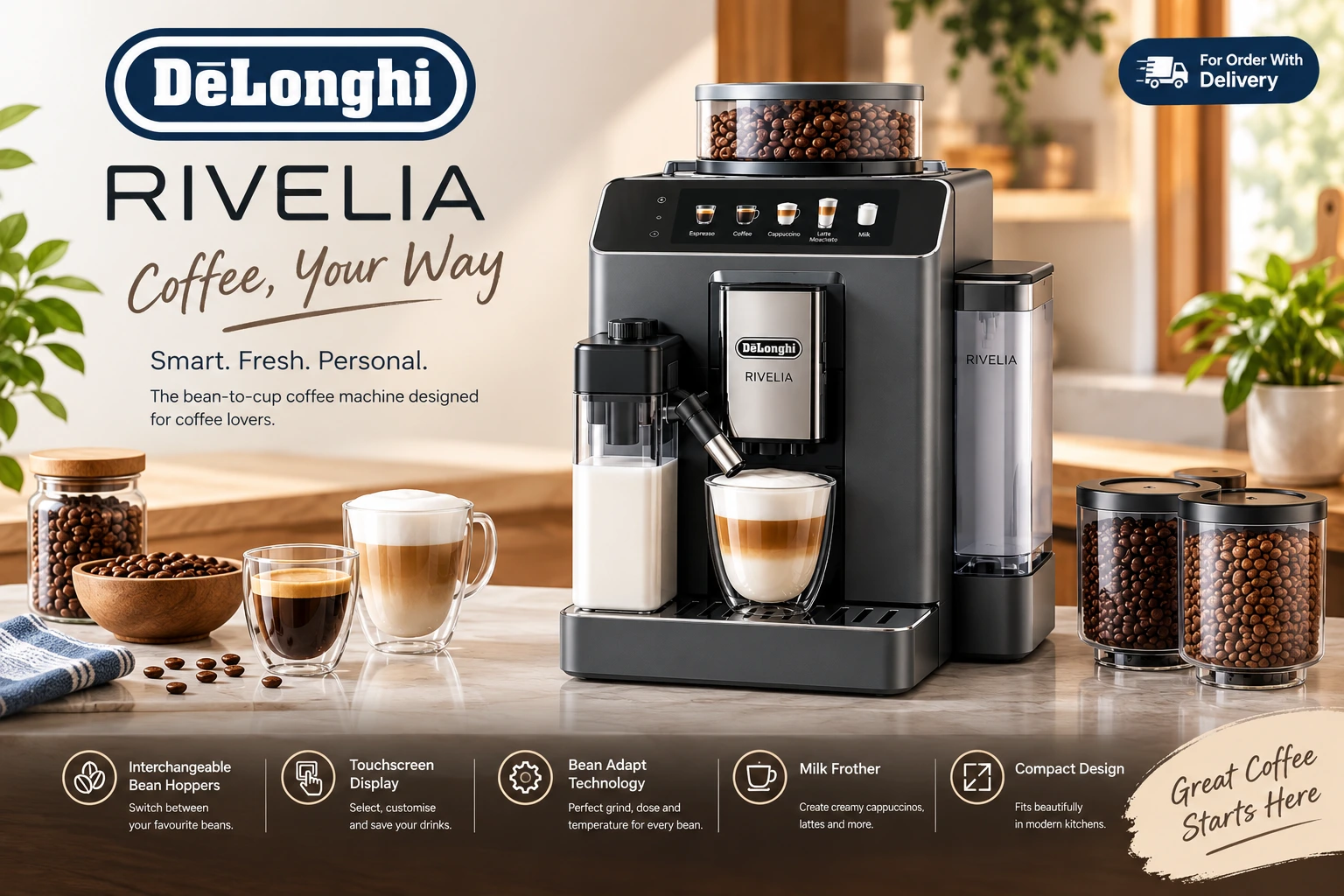 DeLonghi Rivelia coffee machine features, including interchangeable bean hoppers, touchscreen controls and Bean Adapt Technology.