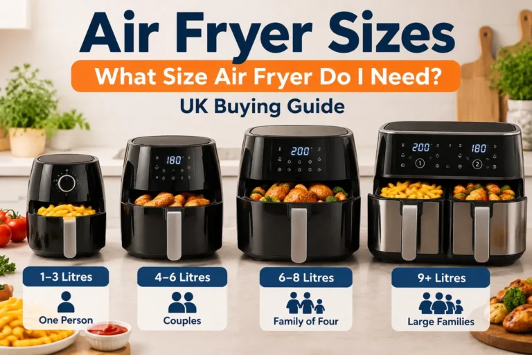 Air fryer sizes comparison guide showing 1 to 3 litre, 4 to 6 litre, 6 to 8 litre, and 9+ litre air fryers for different household needs
