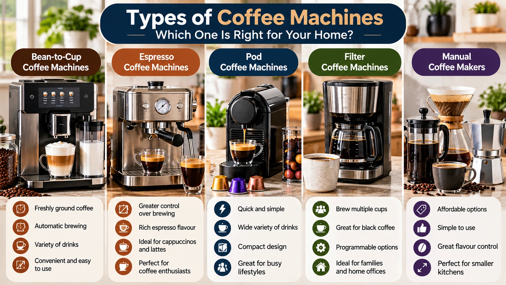 Comparison of the best coffee machines UK, including bean-to-cup, espresso, pod, filter and manual coffee makers for home use.