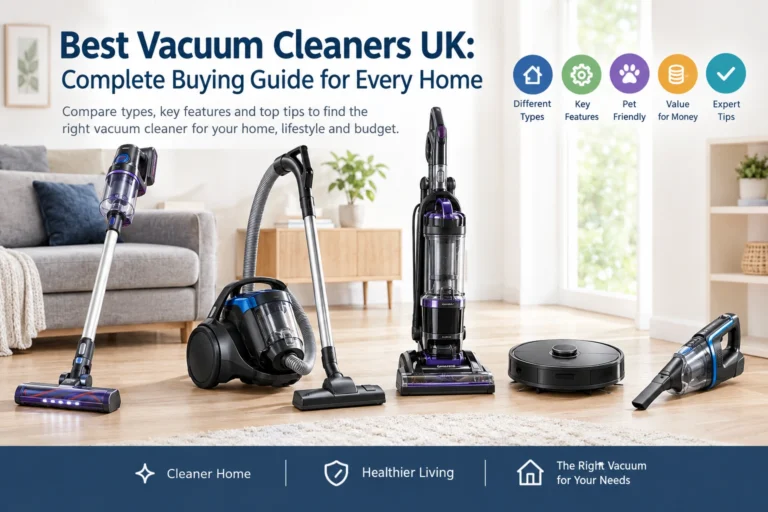 Best vacuum cleaners UK buying guide featuring cordless, cylinder, upright, robot and handheld vacuum cleaners