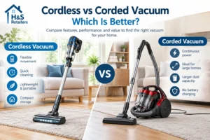 Cordless vs corded vacuum cleaner comparison showing both types in a modern living room