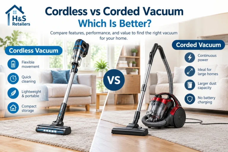 Cordless vs corded vacuum cleaner comparison showing both types in a modern living room