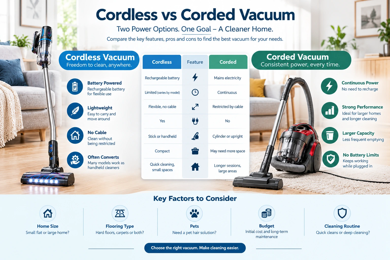 Cordless vs corded vacuum comparison highlighting battery life, continuous power, portability and dust capacity