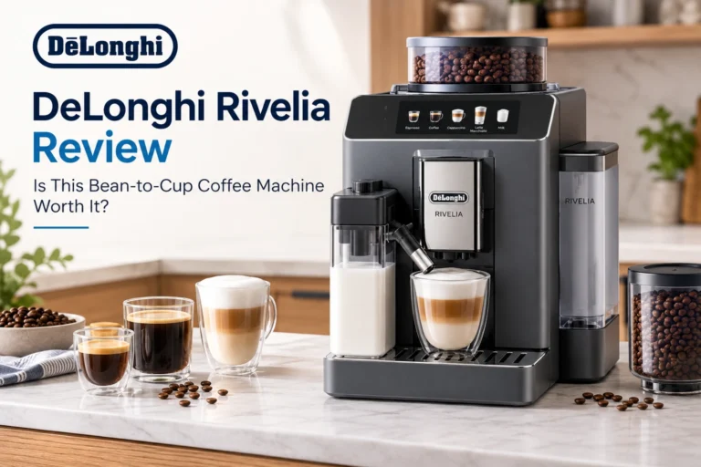 DeLonghi Rivelia bean-to-cup coffee machine review with espresso and milk coffee drinks.