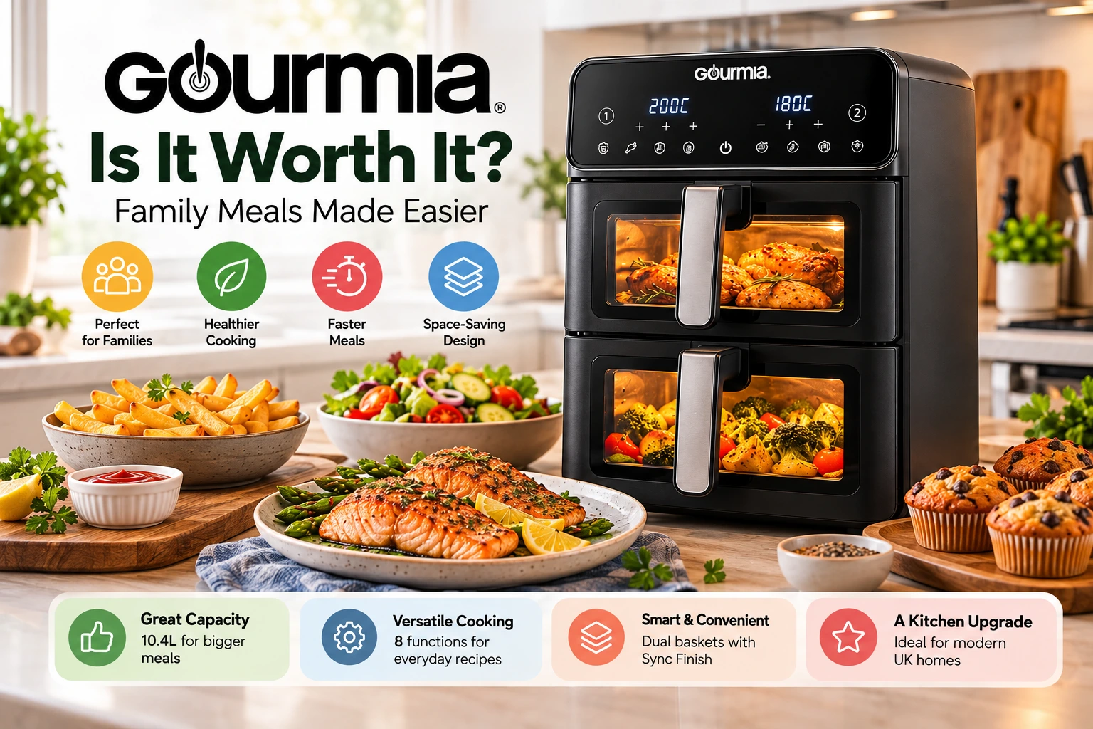 Gourmia air fryer Double Decker 10.4L GAF1180 with dual cooking baskets, family meals and space-saving design in a modern UK kitchen. 