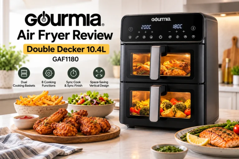 Gourmia air fryer Double Decker 10.4L GAF1180 with dual cooking baskets, digital controls and freshly cooked meals in a modern kitchen.