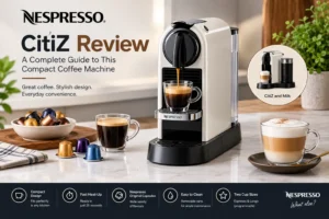 Nespresso CitiZ compact coffee machine brewing espresso, with coffee capsules and a latte.