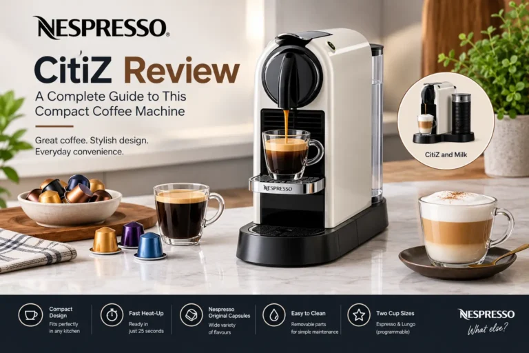 Nespresso CitiZ compact coffee machine brewing espresso, with coffee capsules and a latte.