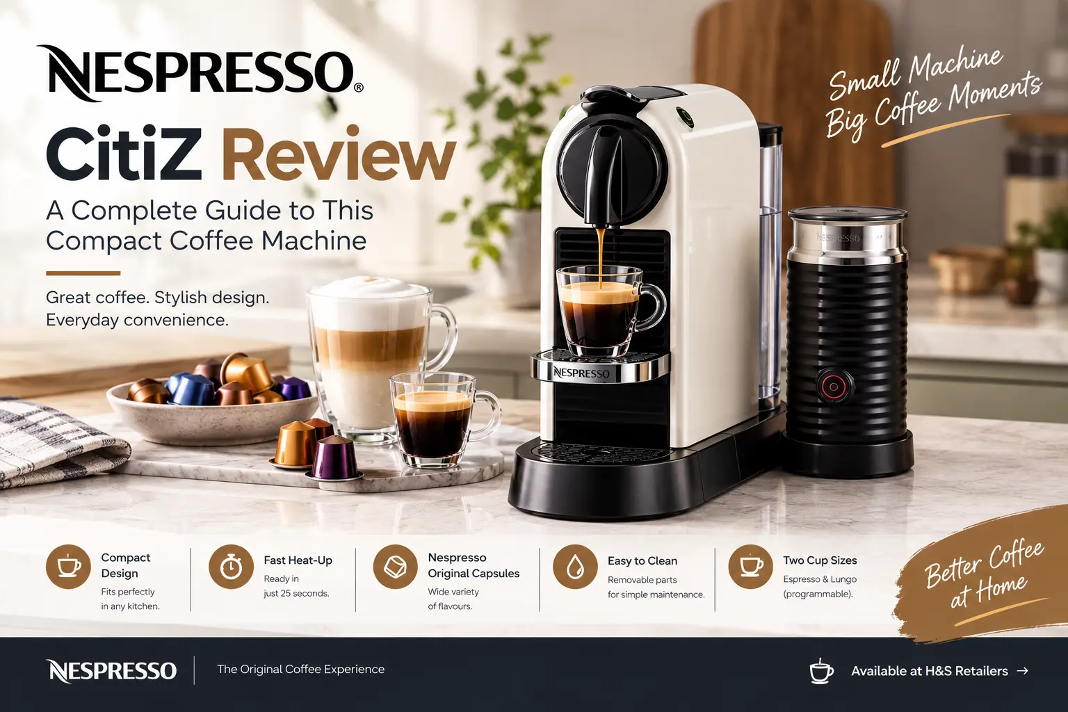 Nespresso CitiZ compact espresso machine with coffee capsules, espresso and milk coffee in a modern kitchen.