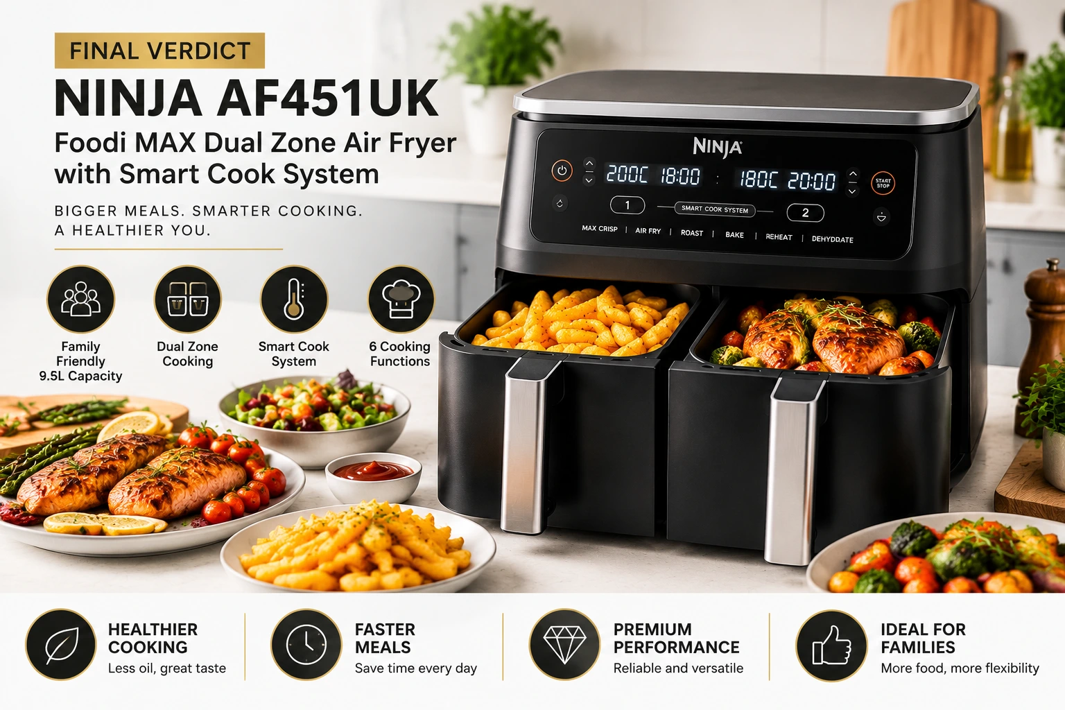 Ninja AF451UK Foodi MAX Dual Zone Air Fryer final verdict showing Smart Cook System, dual-zone cooking, 9.5L capacity, and family meal preparation