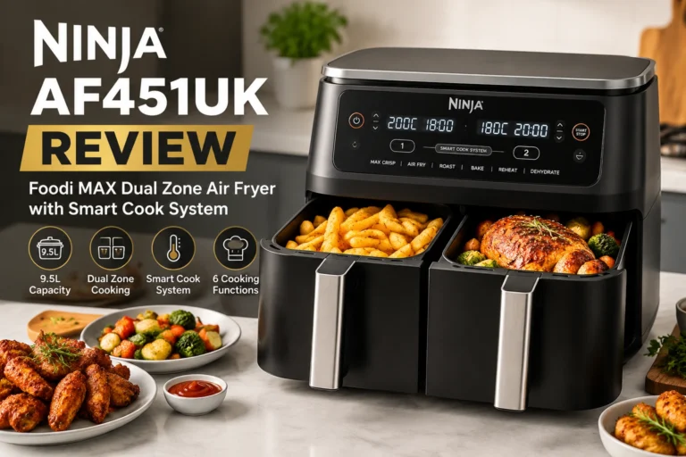 Ninja AF451UK Foodi MAX Dual Zone Air Fryer with Smart Cook System review showing dual cooking drawers and 9.5L capacity