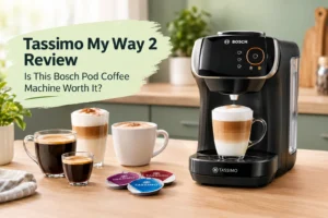 Tassimo My Way 2 Review featuring the Bosch coffee pod machine with cappuccino, espresso, and Tassimo coffee pods.