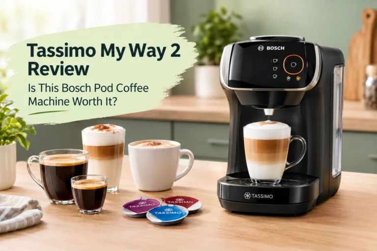 Tassimo My Way 2 Review featuring the Bosch coffee pod machine with cappuccino, espresso, and Tassimo coffee pods.