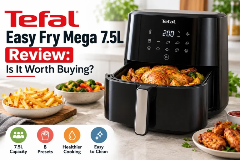 Tefal Easy Fry Mega 7.5L air fryer review showing its digital controls, large cooking basket, crispy chicken, chips and key features.