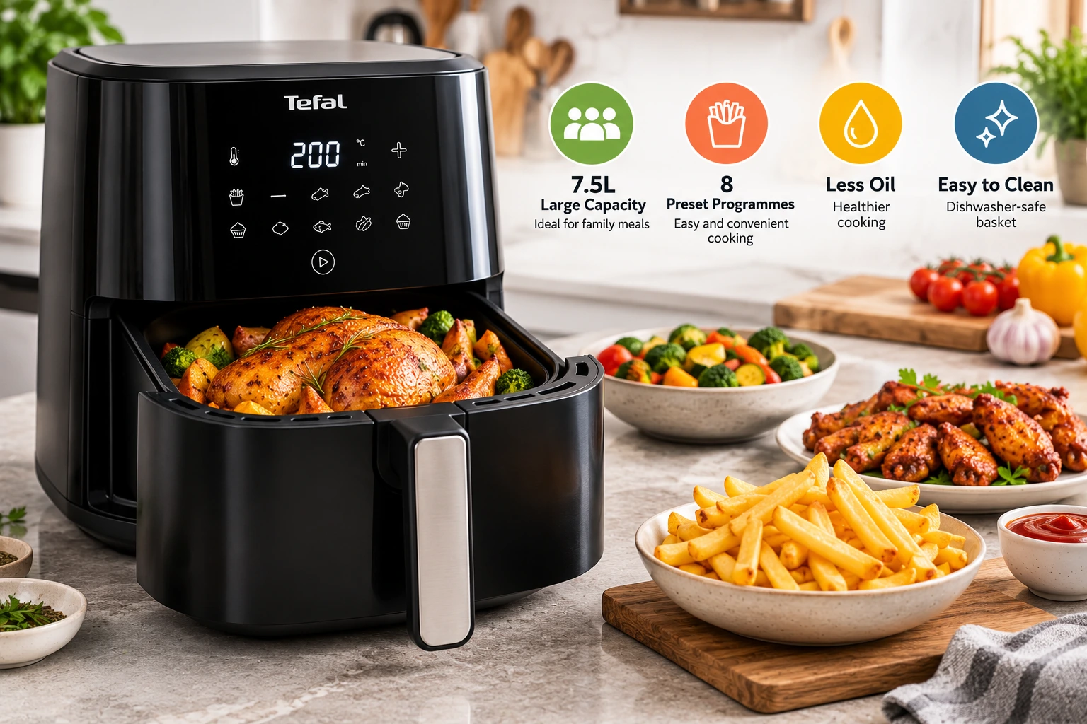 Tefal Easy Fry Mega 7.5L air fryer showing its large cooking basket, eight preset programmes, crispy chicken, chips, vegetables and easy-clean features.