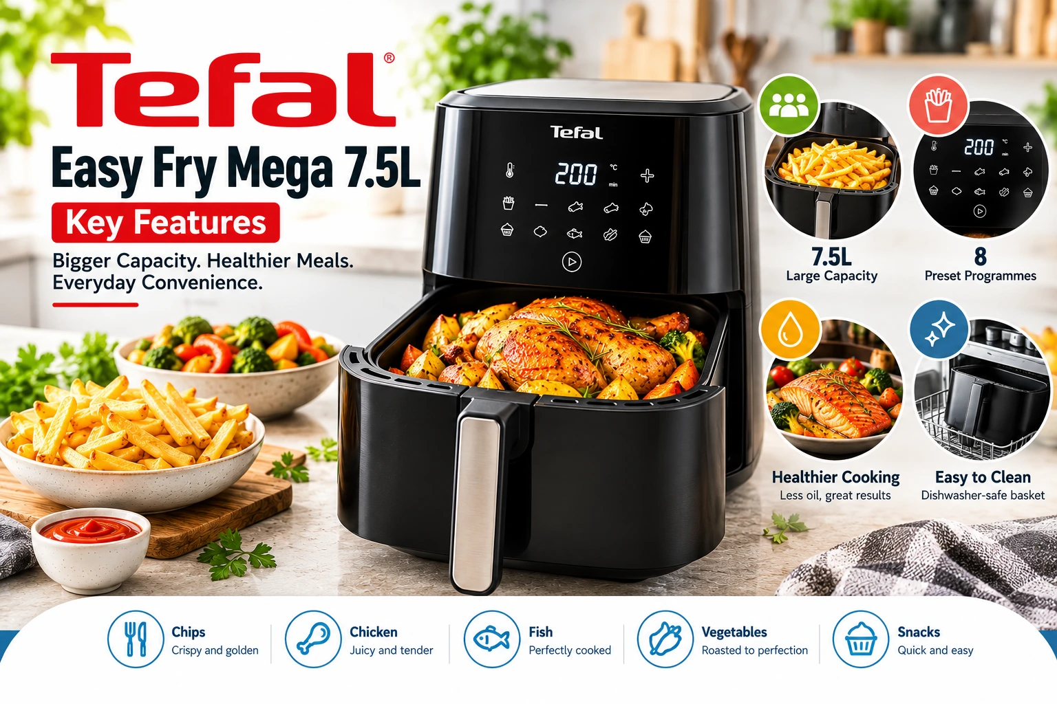 Tefal Easy Fry Mega 7.5L air fryer showing its large cooking capacity, eight preset programmes, healthier cooking with less oil, dishwasher-safe basket and food options.